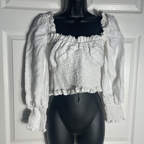 Faithful The Brand Tops - Faithfull The Brand Shirt Women 4 White Revolve Bel Rose Linen Smocked Milkmaid‎